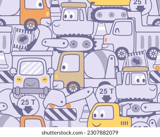 Seamless pattern vector of funny construction vehicles cartoon with construction signs