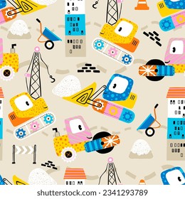 Seamless pattern vector of funny construction vehicle with industrial element in doodle art style