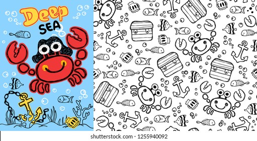 Seamless pattern vector of funny crab cartoon wearing pirate hat with marine life illustration.