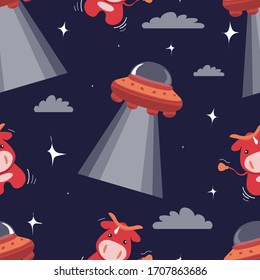 Seamless pattern of vector funny cute cartoon illustration of UFO with cute abduction red cow isolated on dark blue background. Design for t-shirt, greeting cards, parties, posters, cover and ets.