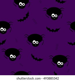 Seamless pattern vector of funny and cute black spiders and bat. Halloween spiders and bat on violet background.
