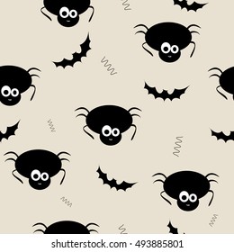 Seamless pattern vector of funny and cute black spiders and bat. Halloween spiders and bat on white background.