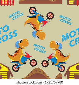 Seamless pattern vector of funny dinosaur on a motocross bike. Creative vector childish background for fabric, textile, nursery wallpaper, card, poster and other decoration.