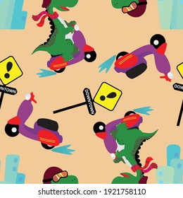 Seamless pattern vector of funny dinosaur on a scooter bike. Creative vector childish background for fabric, textile, nursery wallpaper, card, poster and other decoration.