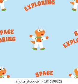 Seamless pattern vector of 
Funny dinosaur astronaut in space. Dinosaur in outer space. Creative vector childish background for fabric, textile, nursery wallpaper, card, poster and other decoration.