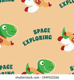 Seamless pattern vector of 
Funny dinosaur astronaut in space. Dinosaur in outer space. Creative vector childish background for fabric, textile, nursery wallpaper, card, poster and other decoration.