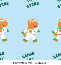Seamless pattern vector of 
Funny dinosaur astronaut in space. Dinosaur in outer space. Creative vector childish background for fabric, textile, nursery wallpaper, card, poster and other decoration.
