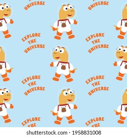 Seamless pattern vector of 
Funny dinosaur astronaut in space. Dinosaur in outer space. Creative vector childish background for fabric, textile, nursery wallpaper, card, poster and other decoration.