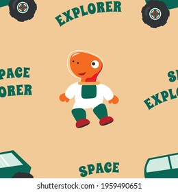 Seamless pattern vector of 
Funny dinosaur astronaut in space. Dinosaur in outer space. Creative vector childish background for fabric, textile, nursery wallpaper, card, poster and other decoration.