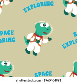 Seamless pattern vector of 
Funny dinosaur astronaut in space. Dinosaur in outer space. Creative vector childish background for fabric, textile, nursery wallpaper, card, poster and other decoration.
