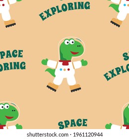 Seamless pattern vector of 
Funny dinosaur astronaut in space. Dinosaur in outer space. Creative vector childish background for fabric, textile, nursery wallpaper, card, poster and other decoration.