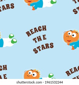 Seamless pattern vector of 
Funny dinosaur astronaut in space. Dinosaur in outer space. Creative vector childish background for fabric, textile, nursery wallpaper, card, poster and other decoration.