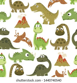 Seamless pattern vector of funny dinosaurs cartoon with volcano eruption