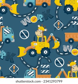 Seamless pattern vector of a funny giraffe driving backhoe loader with construction elements