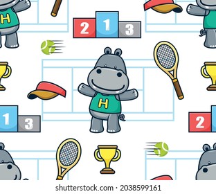 Seamless pattern vector of funny hippo cartoon with court tennis sport elements