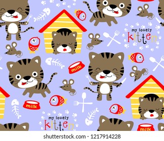 Seamless pattern vector of funny kittens and rat cartoon with elements