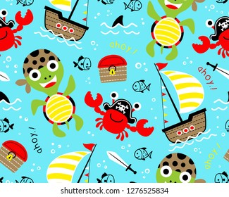 Seamless pattern vector of funny marine animals cartoon in pirate costume, pirate elements cartoon