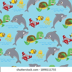 Seamless pattern vector of funny marine animals cartoon on blue water background