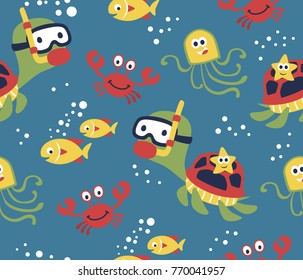 seamless pattern vector of funny marine animals cartoon