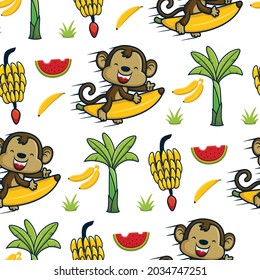 Seamless pattern vector of funny monkey riding flying banana, banana tree and fruits