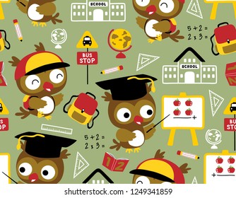 Seamless pattern vector of funny owl cartoon, school elements
