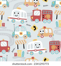 Seamless pattern vector of funny rescue vehicles cartoon with traffic elements