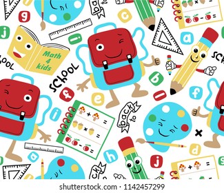 Seamless pattern vector of funny school supplies cartoon, students supplies element illustration