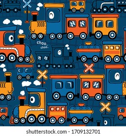 Seamless pattern vector of funny steam train cartoon, railway element illustration