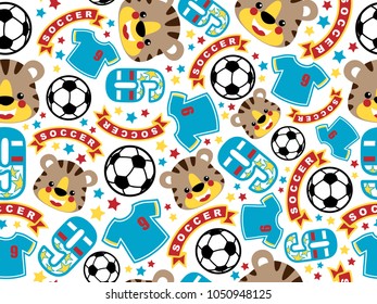 Seamless pattern vector of funny tiger smile face with football elements
