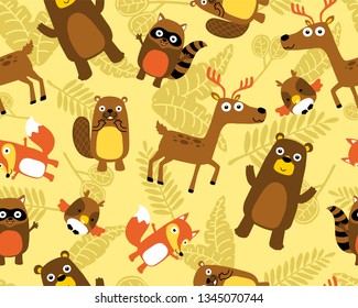 Seamless pattern vector of funny woods animals cartoon on leaves background