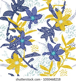 Seamless  pattern vector garden blue and yellow flower in hand painting style mix line and polka dots fill in on white background