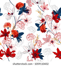 Seamless pattern vector a garden coloful and bright flowers are blooming and gentle mix with outline stoke on white  background,for fashion fabric and all prints 