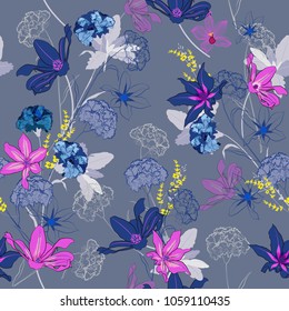 Seamless pattern vector a garden coloful and sweet  flowers are blooming and gentle mix with outline stoke on cloud blue background,for fashion fabric and all prints 