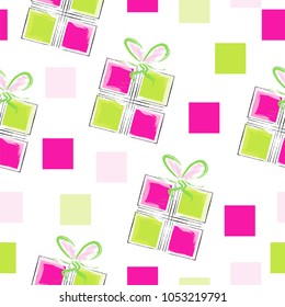 seamless pattern vector with gift boxes and squares - pink and green colors