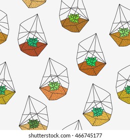  seamless pattern Vector glass polygonal terrarium with succulent plants, grass and flowers, doodle sketch garden