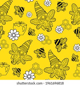 seamless pattern vector of gnomes with honey and bees Black on a yellow background Honey jar, gnomes with a daisy Gnome-bee gnome cartoon characters illustration for printing on textiles and packaging