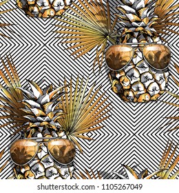 Seamless pattern. Vector gold and silver illustration. Pineapple fruit in a sunglasses, Exotic Tropical leaves and flowers on a geometric background.