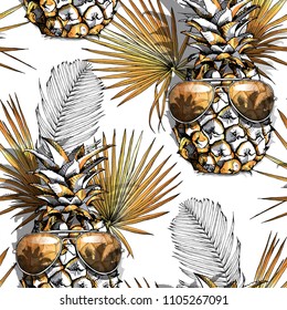 Seamless pattern. Vector gold and silver illustration. Pineapple fruit in a sunglasses. Exotic Tropical leaves and flowers.