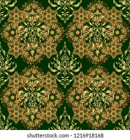 Seamless pattern of vector golden elements on a green background.