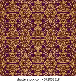 Seamless pattern of vector golden elements on a purple background.