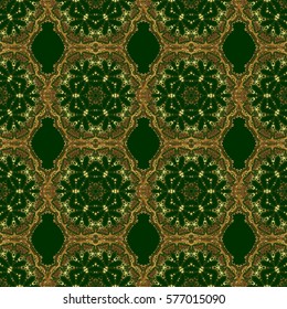 Seamless pattern of vector golden elements on a green background.