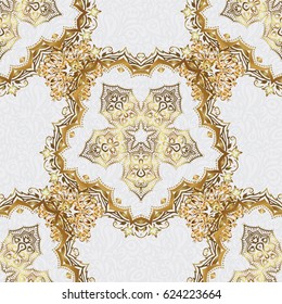 Seamless pattern of vector golden elements on a gray background.