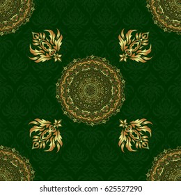 Seamless pattern of vector golden elements on a green background.