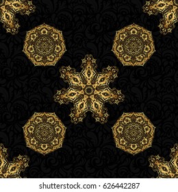 Seamless pattern of vector golden elements on a black background.