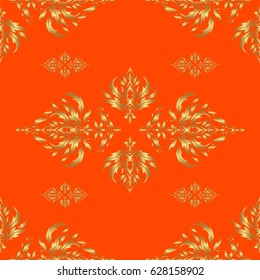 Seamless pattern of vector golden elements on a orange background.