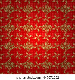 Seamless pattern of vector golden elements on a red background.