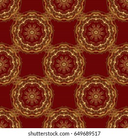 Seamless pattern of vector golden elements on a red background.