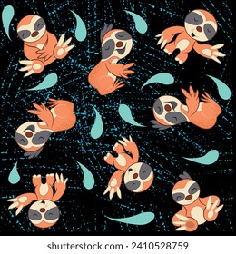 Seamless pattern vector graphic design. Hand drawn sloth character hanging on the tree. Animal illustration for nursery design, birthday, baby shower design and party decoration, print