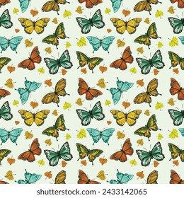 Seamless, pattern, vector, graphic design butterfy and leaf with light yellow background for decoration