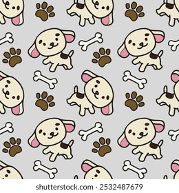 Sem emenda, padrão, vetor, design gráfico bonito cão e osso com fundo cinza claro para decoração